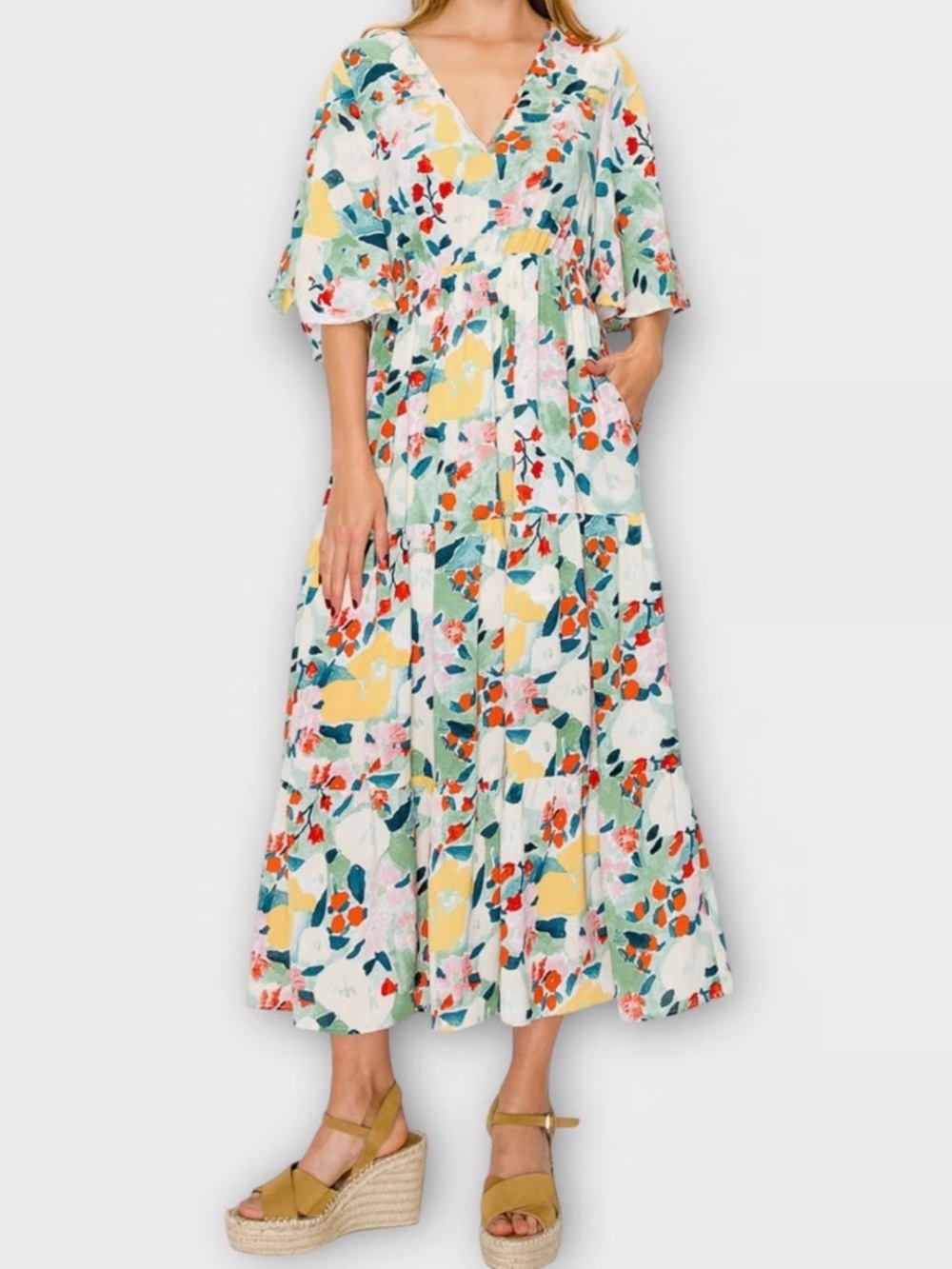 MELLODAY V-Neck Floral Tiered Maxi Dress - White, Yellow, Green, Coral